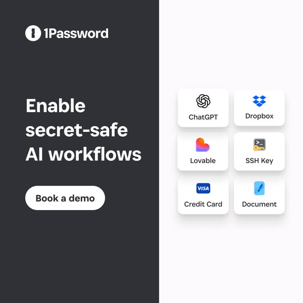 1Password logo next to app icons for ChatGPT, Dropbox, Lovable, SSH Key, credit card, and document
