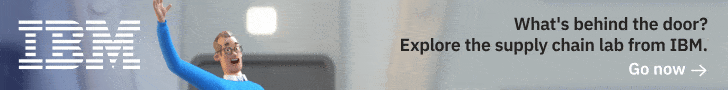 Person opening a door next to a headline about IBM's supply chain lab