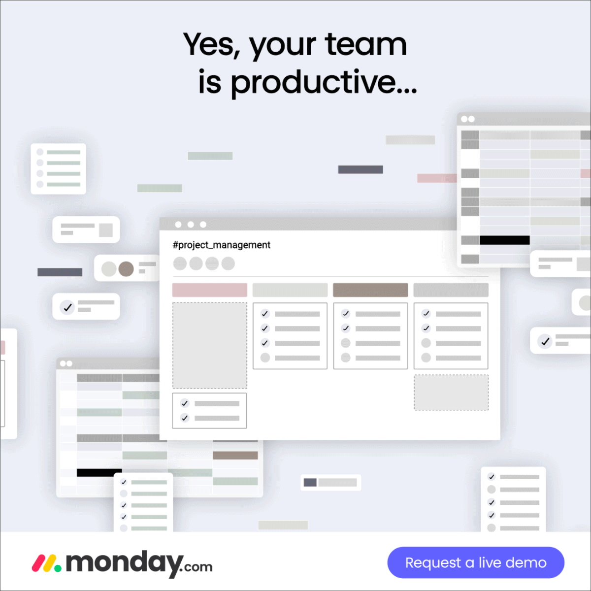 Layered project management dashboard mockups behind a productivity headline and demo button