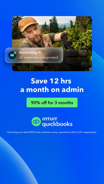 QuickBooks ad showing a person outdoors with an Accounting AI notification for 62 categorised expenses