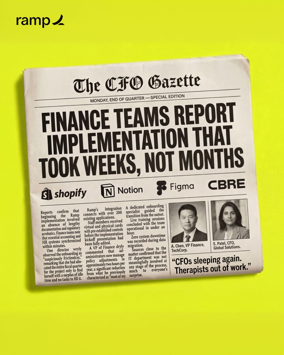 Ramp ad styled as a fake newspaper called The CFO Gazette with a headline about implementation taking weeks not months