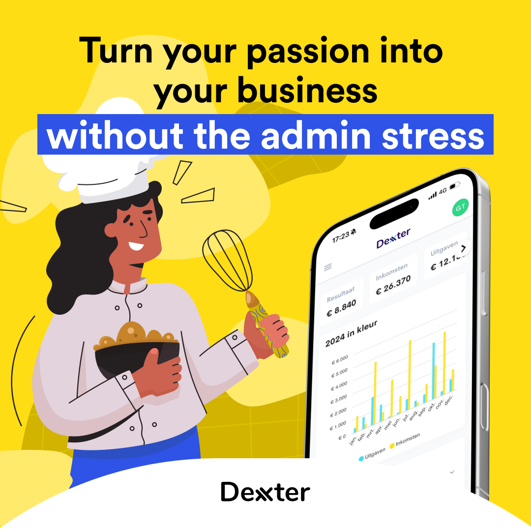 Illustrated chef holding a whisk and bowl next to a phone showing income and expense charts