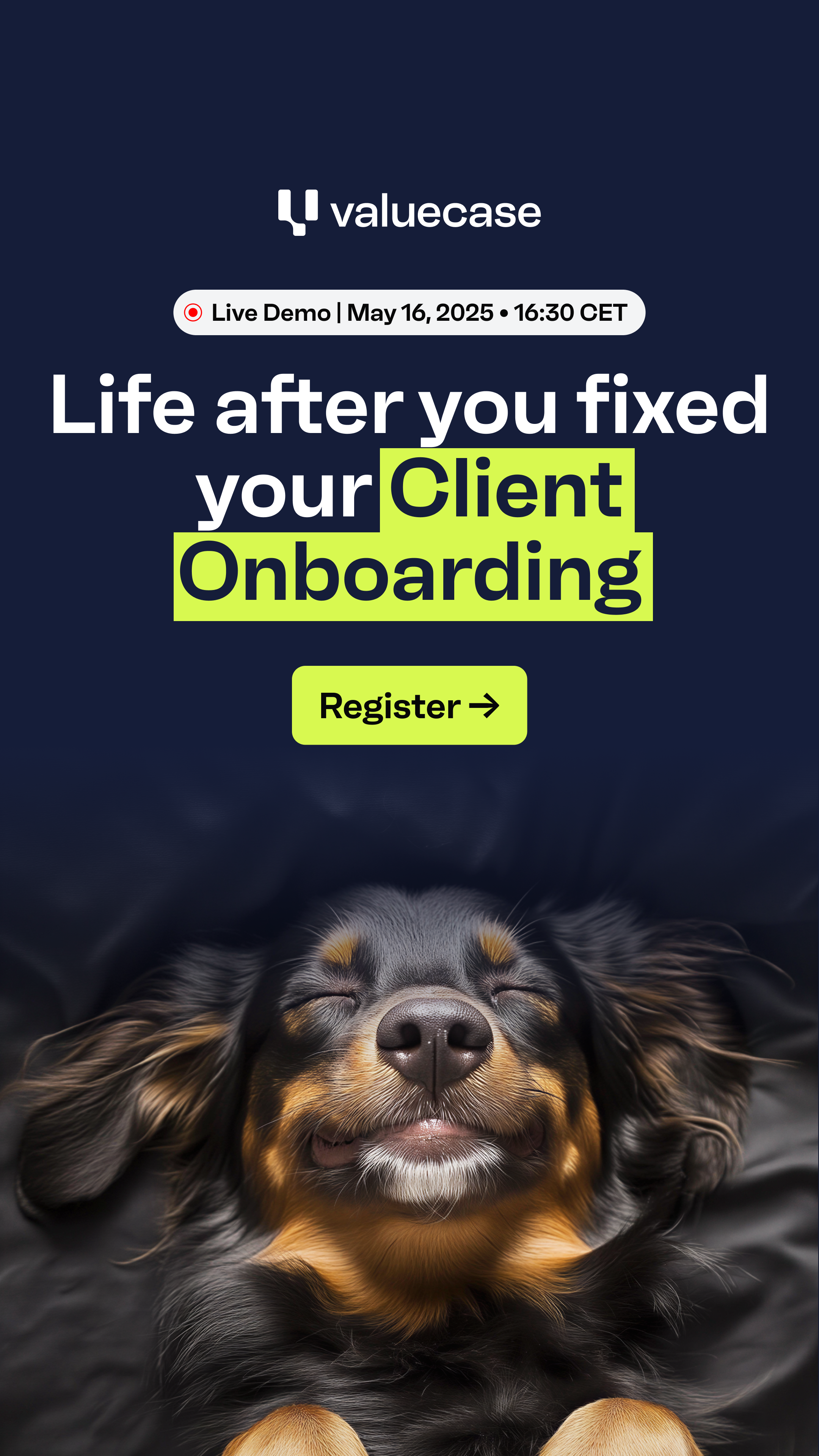 Valuecase ad on dark blue background showing a sleeping dog with the headline life after you fixed your client onboarding and a live demo registration prompt