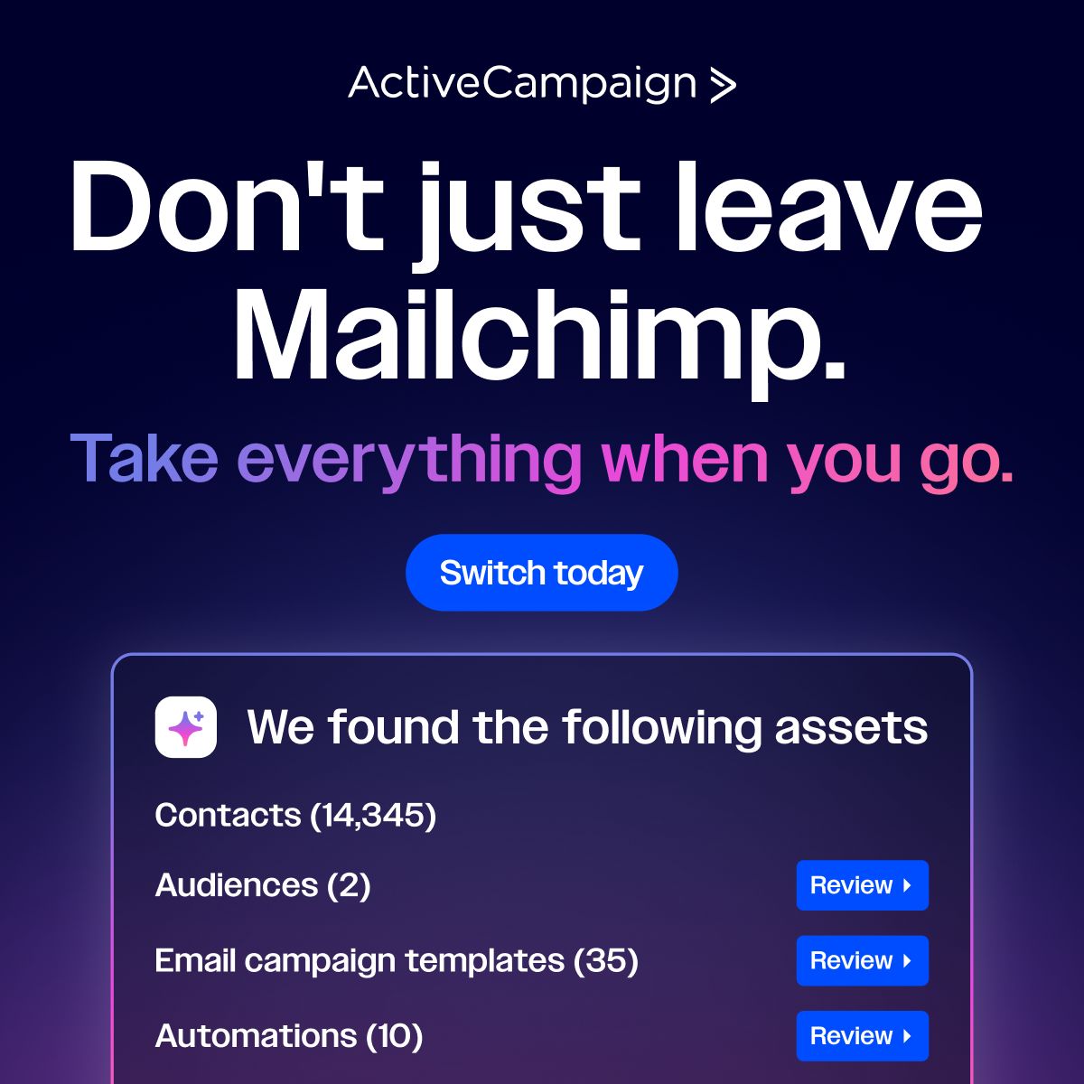 Bold headline telling users not to leave Mailchimp without taking their data