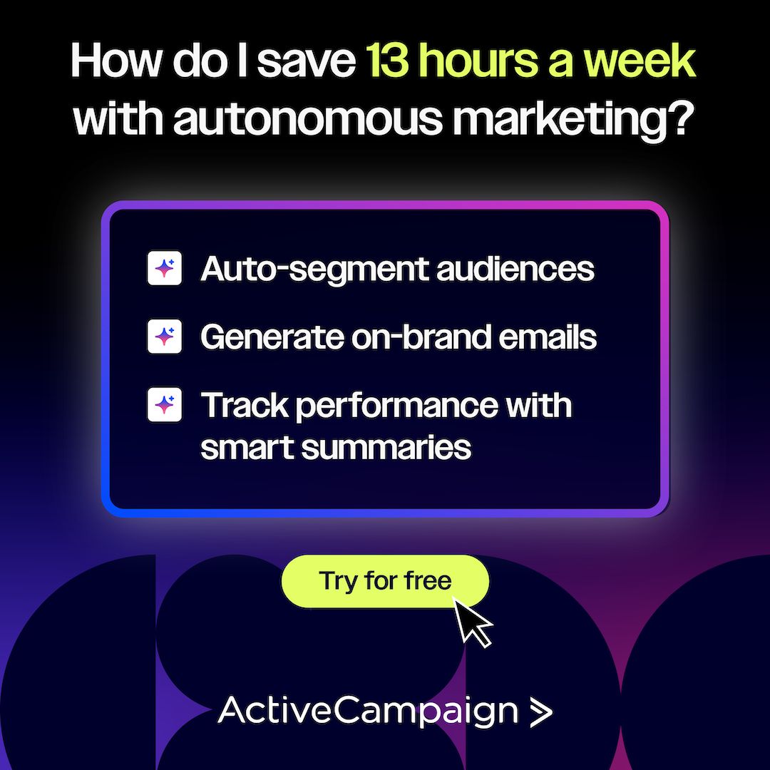 Highlighted 13 hours a week claim next to a list of autonomous marketing tasks