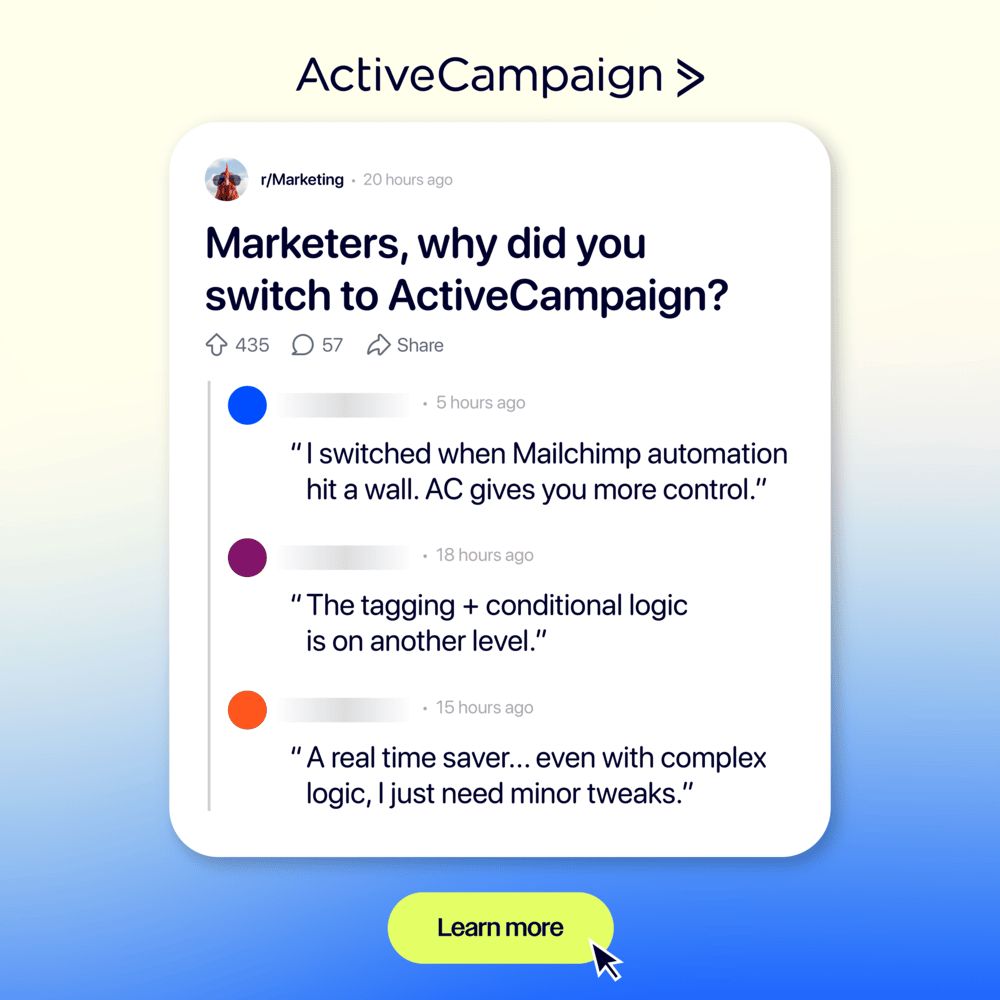 Reddit style thread with marketers explaining why they switched to ActiveCampaign