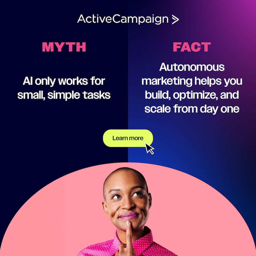 Split myth versus fact panel about AI and autonomous marketing next to a smiling woman