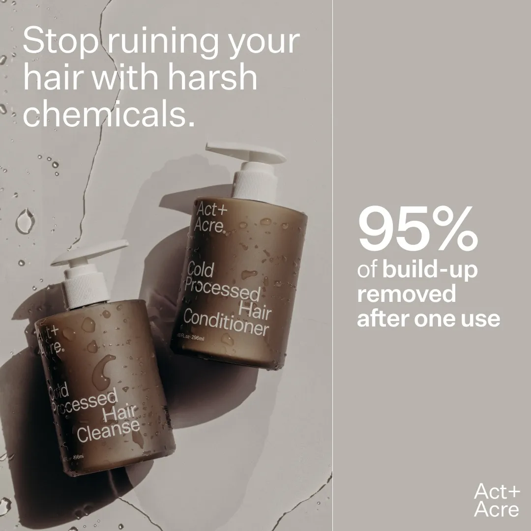 Facebook and Instagram ad by Act and Acre quoting a customer on its hair care routine