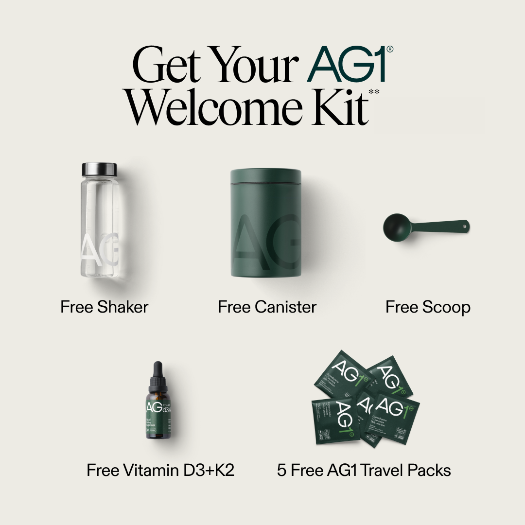 Facebook and Instagram ad by AG1 offering a welcome kit and a free vitamin D3 supply