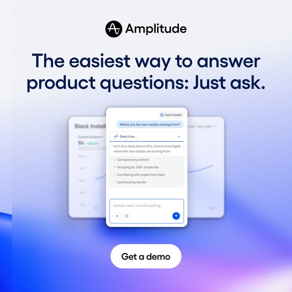 Screenshot of an AI chat panel analyzing install data next to a headline about answering product questions