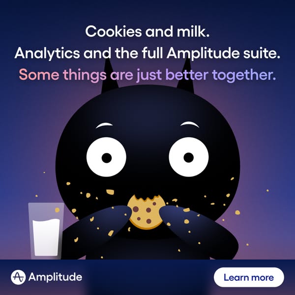 Dark cartoon creature eating a cookie next to milk with a headline about analytics being better together