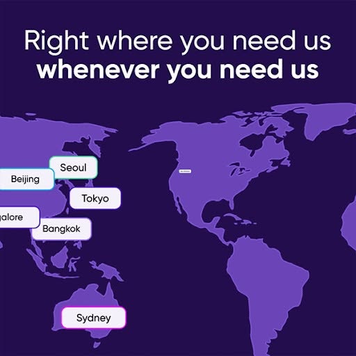 World map with city labels for Seoul, Beijing, Tokyo, Bangkok, and Sydney next to a global availability headline