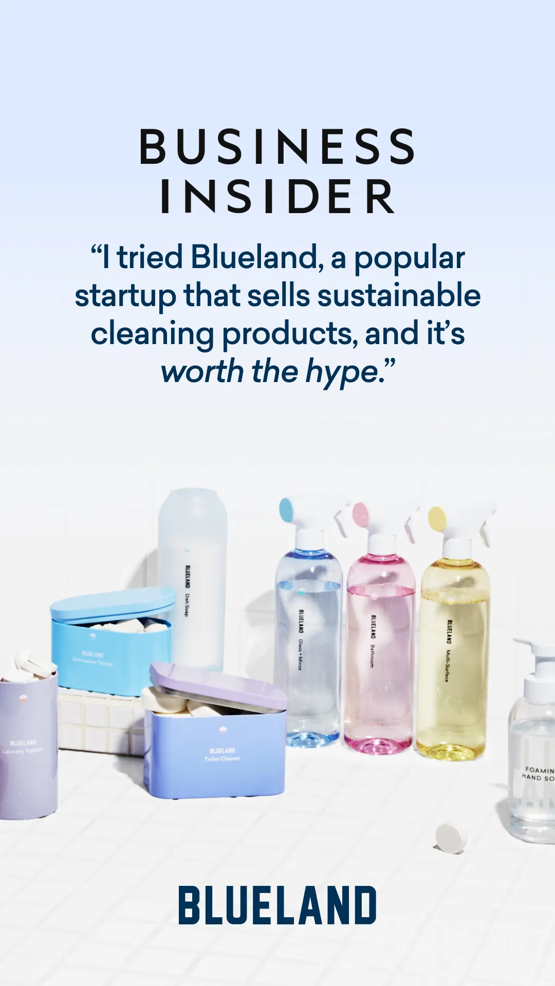Ad by Blueland presenting its refillable cleaning product range