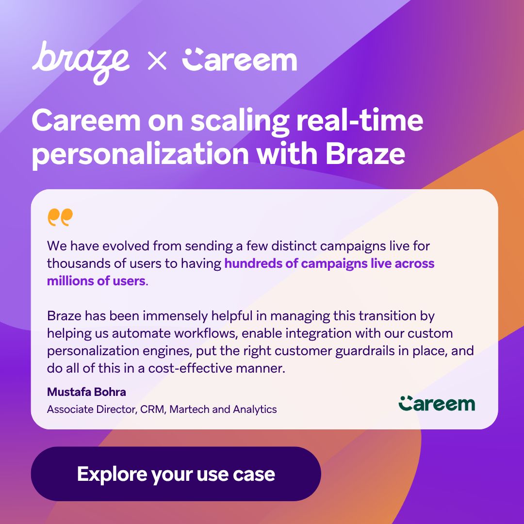 Braze and Careem logos above a quote from a Careem director about scaling personalization