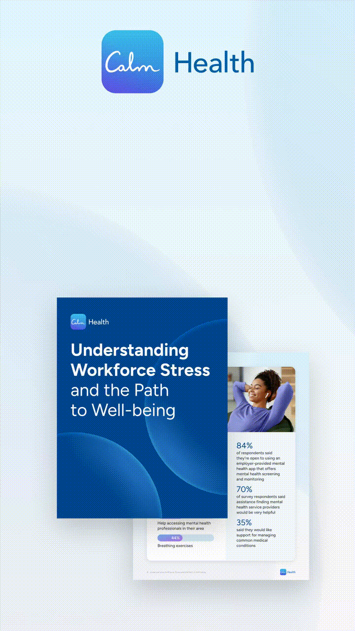 Report cover titled Understanding Workforce Stress next to a smiling person and survey stats