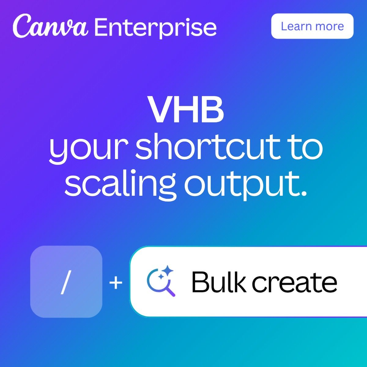 VHB company name next to a slash command and bulk create button on a purple to blue gradient