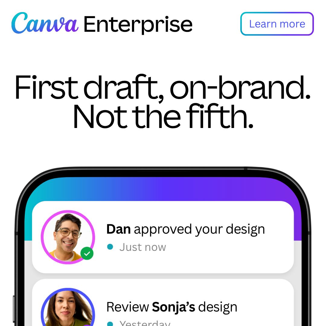 Phone screenshot of a design approval notification next to a headline about first drafts being on brand