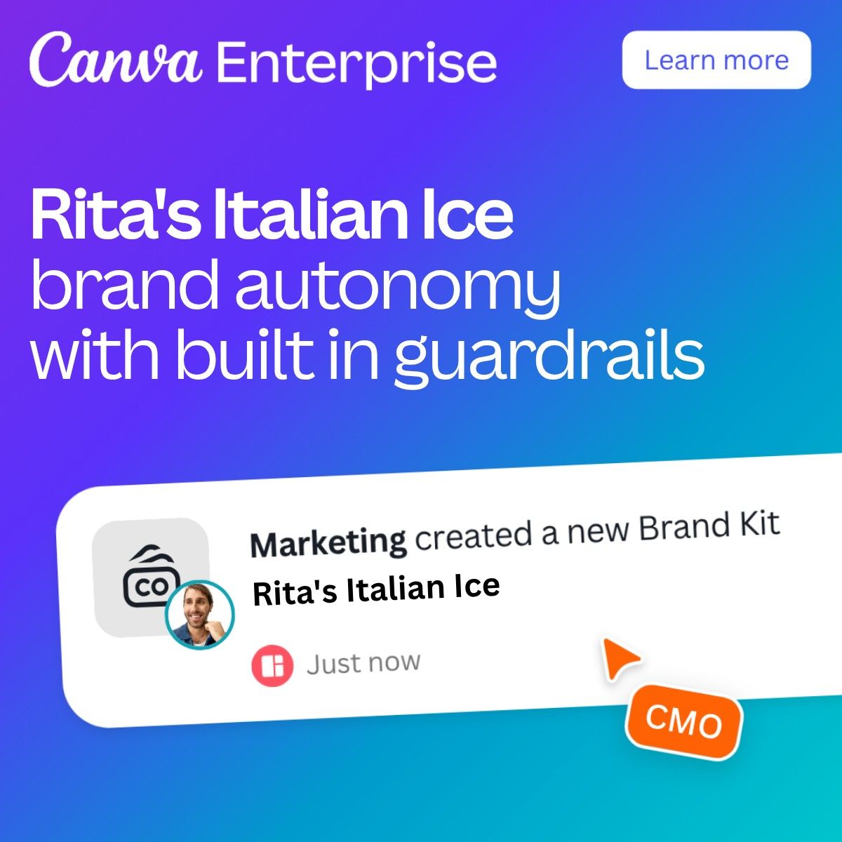 Notification that marketing created a new brand kit for Rita's Italian Ice with a CMO label