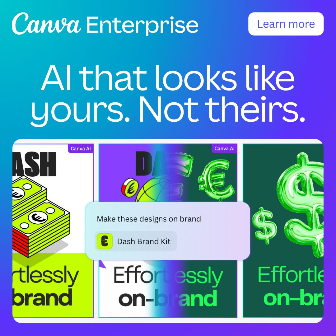 Three on brand design variations layered together next to a headline about AI that looks like yours
