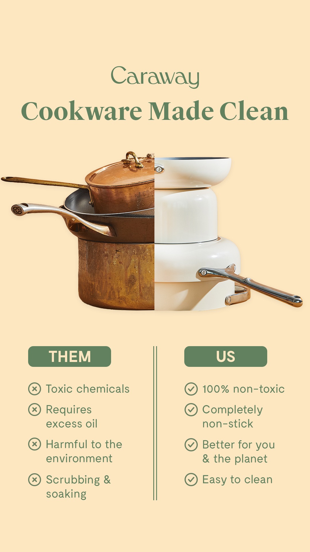 Facebook and Instagram ad by Caraway on a non toxic non stick cookware set