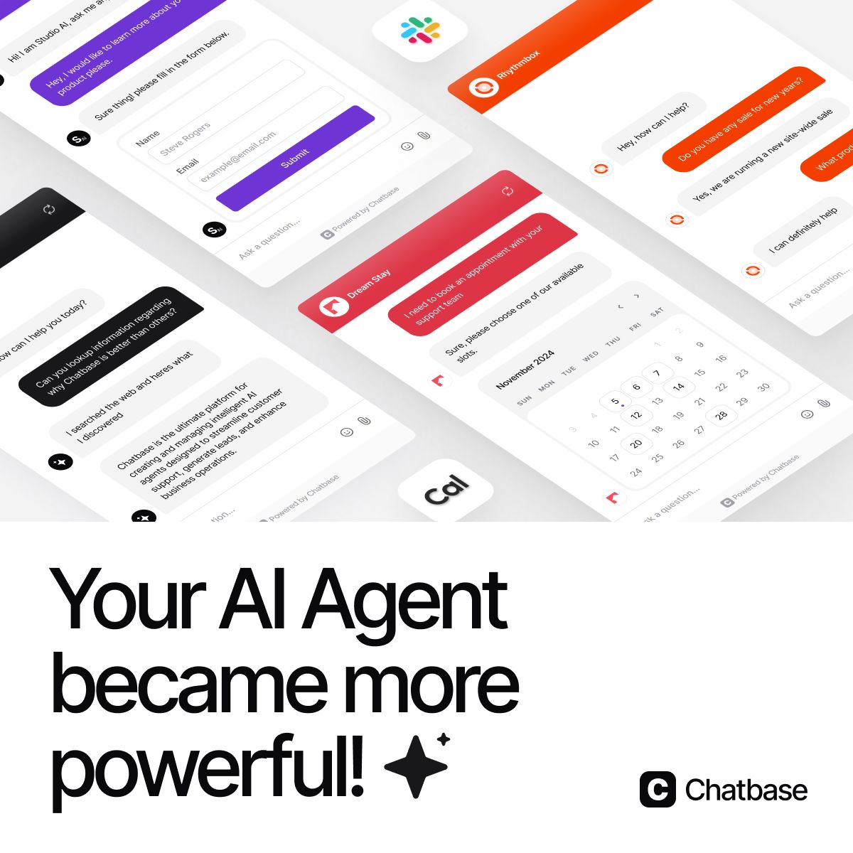 Collage of chat widget screenshots for different brands next to a headline about the AI agent becoming more powerful