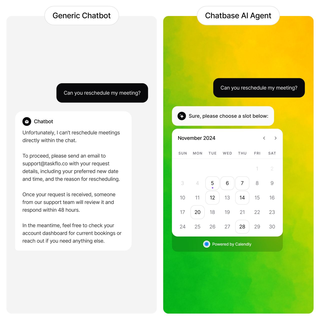 Side by side chat screenshots comparing a generic chatbot's canned reply to a Chatbase AI agent's calendar booking