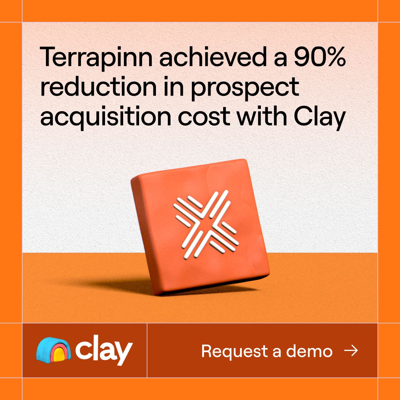 Orange tilted tile with a crossed icon next to a stat about Terrapinn's acquisition cost reduction
