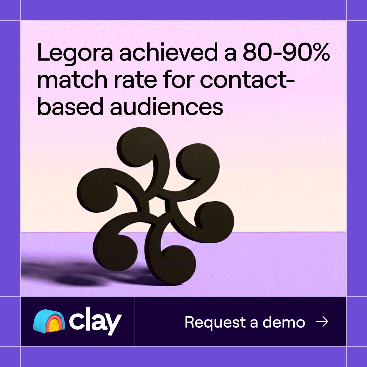 Abstract dark sculpture on a lilac background next to a stat about Legora's contact match rate
