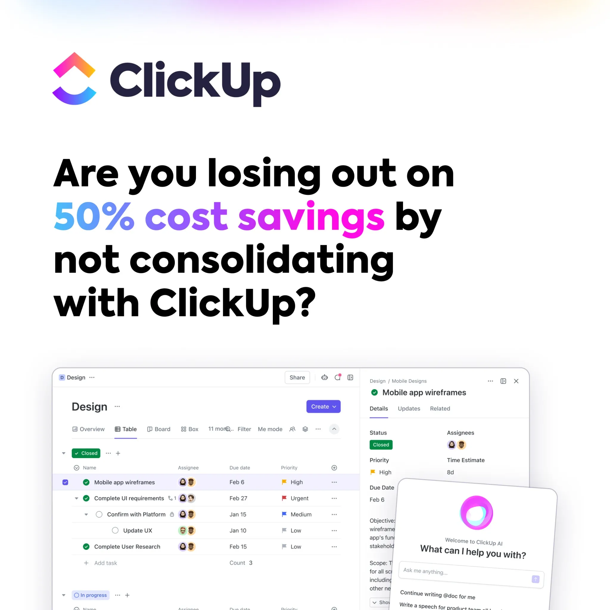 Facebook and Instagram ad by ClickUp on the cost of disconnected work tools