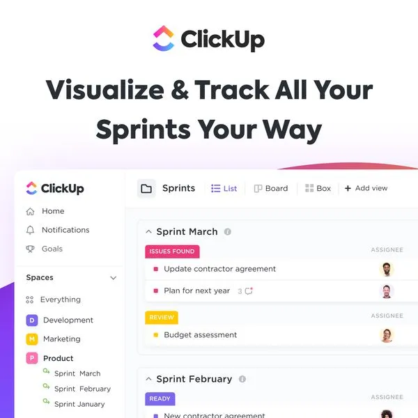 Facebook ad by ClickUp positioning itself as the top tool to visualize sprints