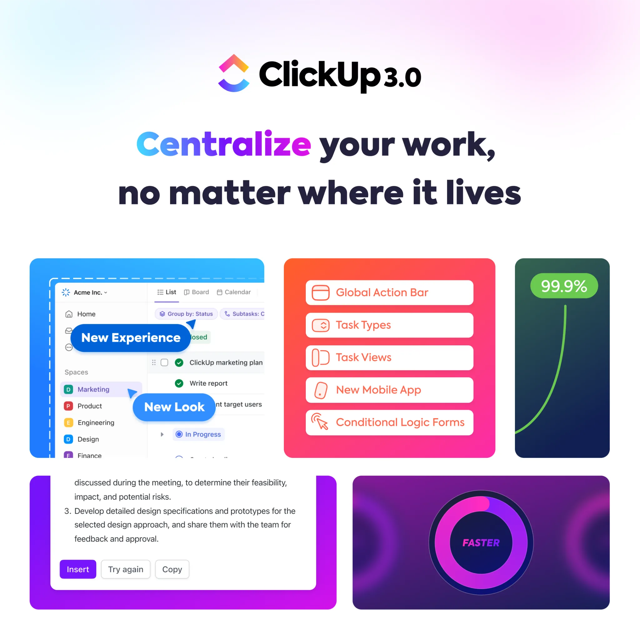Facebook and Instagram ad by ClickUp announcing the faster ClickUp 3.0