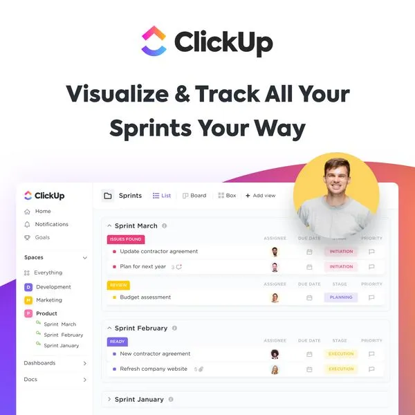 Facebook ad by ClickUp on tracking and automating sprints, used by Webflow and HP