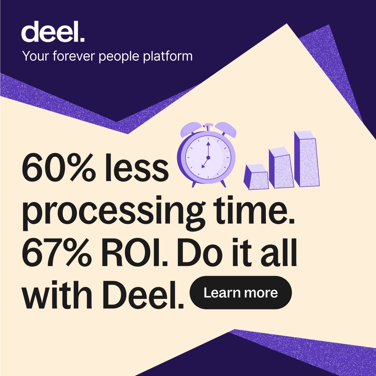 Alarm clock and rising bar chart next to a headline citing 60 percent less processing time and 67 percent ROI