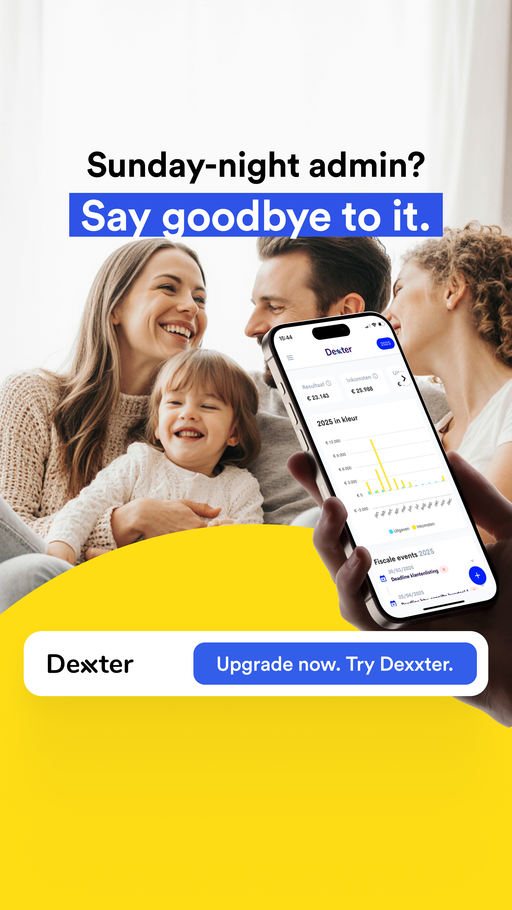 Family smiling on a couch next to a phone showing the Dexxter dashboard and fiscal event reminders