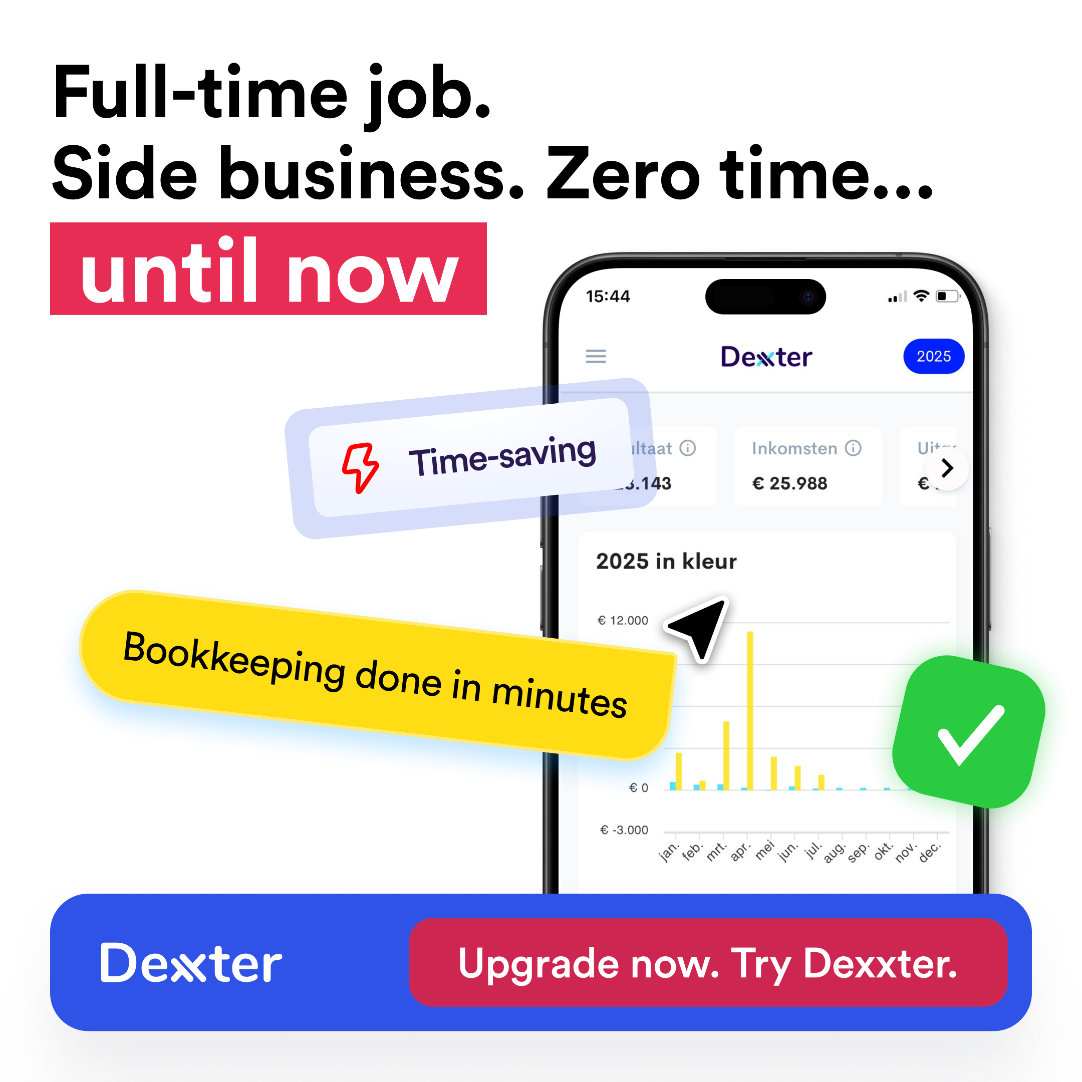 Phone dashboard showing time saving and bookkeeping done in minutes next to an upgrade to Dexxter button