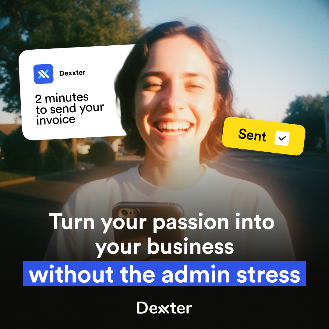 Smiling person holding a phone with a sent invoice notification and a Dexxter app card