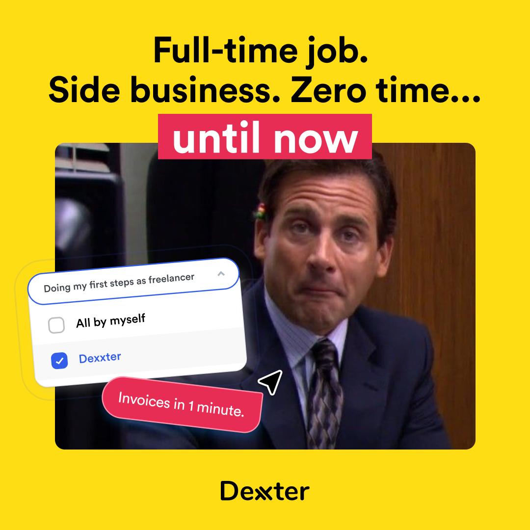 Michael Scott style reaction meme next to a dropdown choosing Dexxter over doing invoices alone