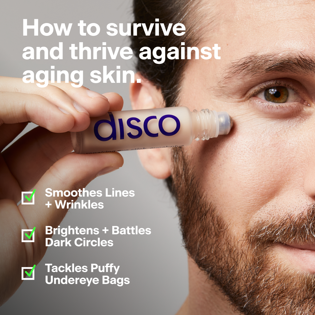 Ad by Disco on an eye cream for men that targets bags, dark circles and fine lines