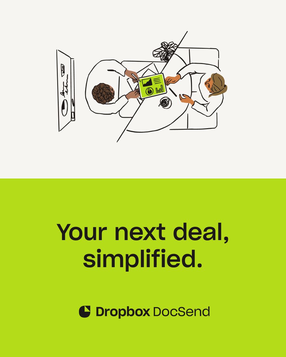 Line illustration of two people signing a document on a couch above a simplified deal headline