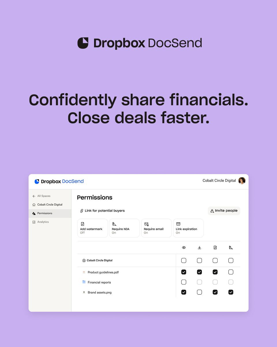 Permissions dashboard screenshot below a headline about sharing financials confidently