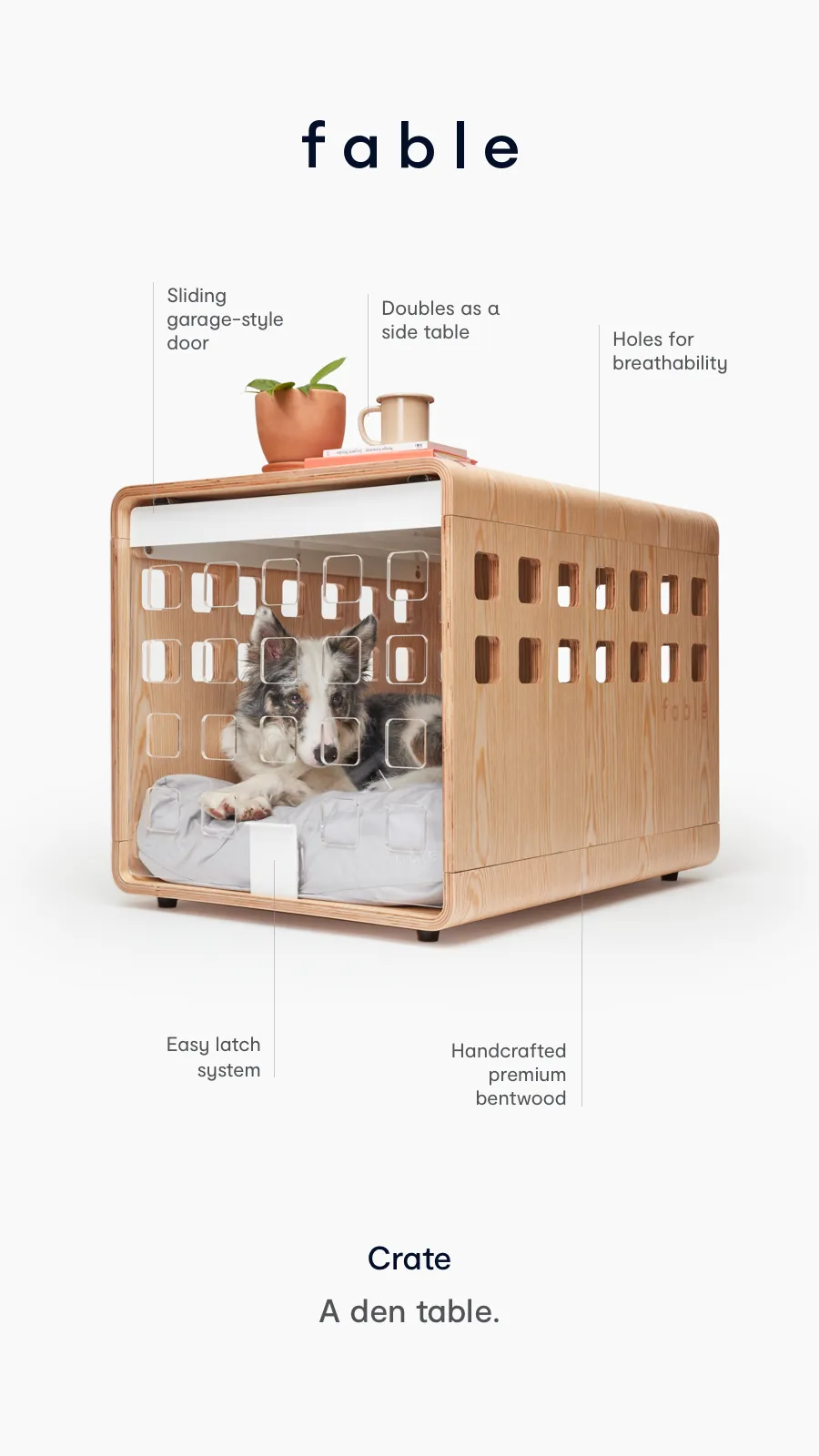 Ad by Fable on a dog crate designed to reduce anxiety and still look good at home
