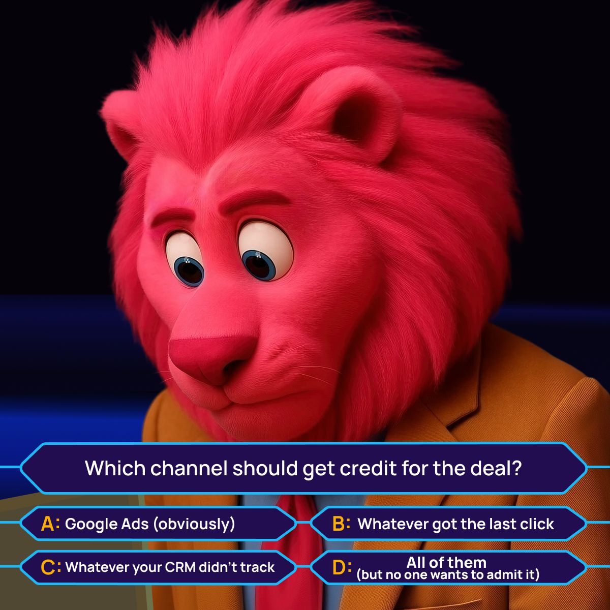Pink lion character in a suit next to a multiple choice quiz about channel attribution
