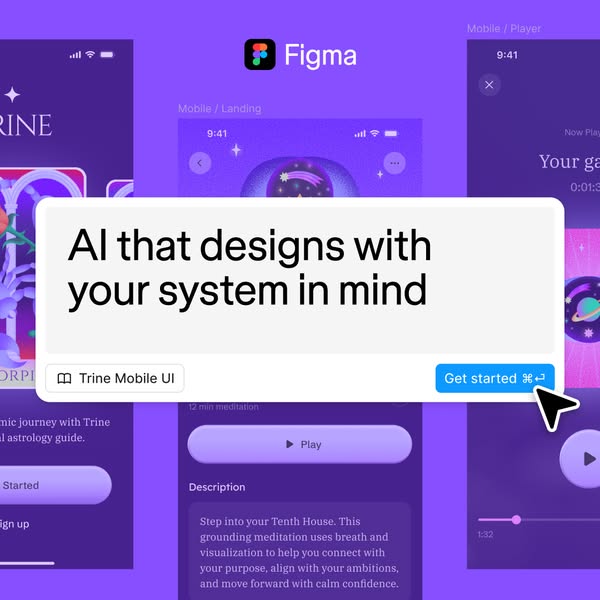 Figma ad on purple background showing mobile UI designs with an AI prompt card reading AI that designs with your system in mind