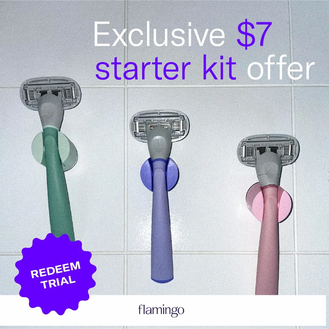 Ad by Flamingo listing five blade razors, cheap refills and no pink tax