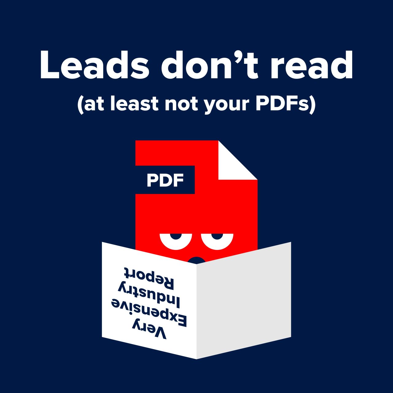 Illustrated red PDF character with bored eyes reading a book titled Very Expensive Industry Report