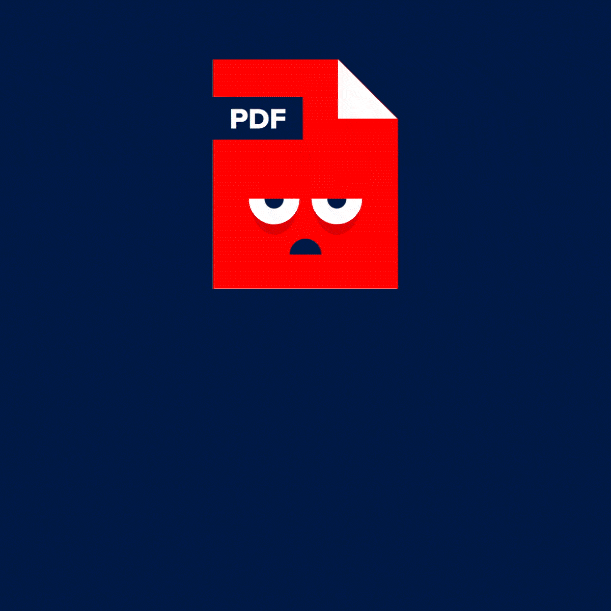 Bored looking red PDF file character on a dark navy background