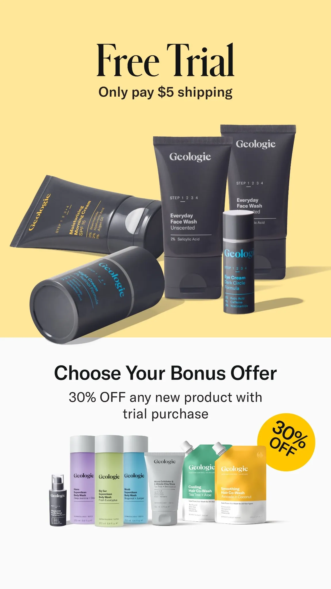 Ad by Geologie pairing a five star review with its award winning men's skincare