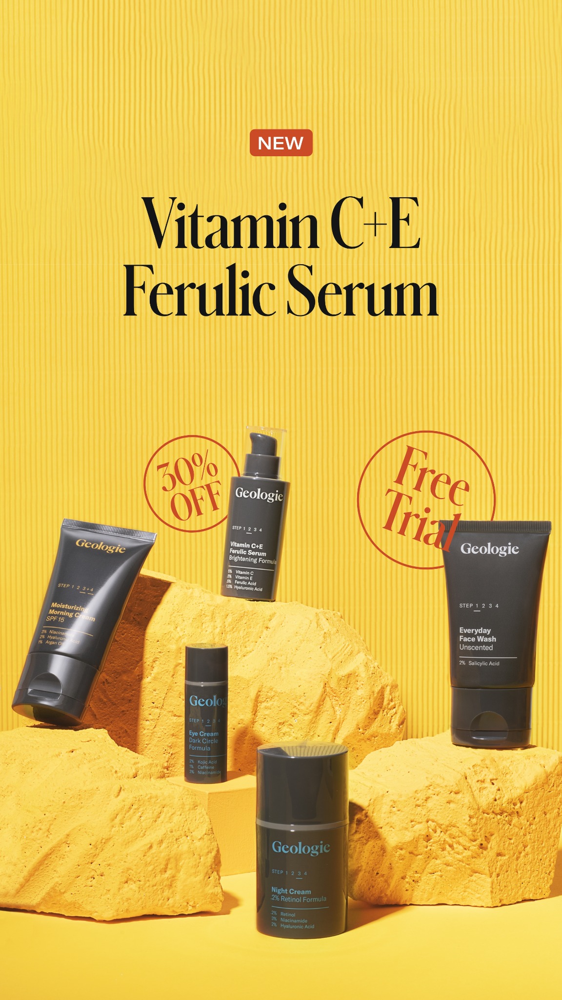 Ad by Geologie introducing a Vitamin C and E ferulic serum with a trial set offer