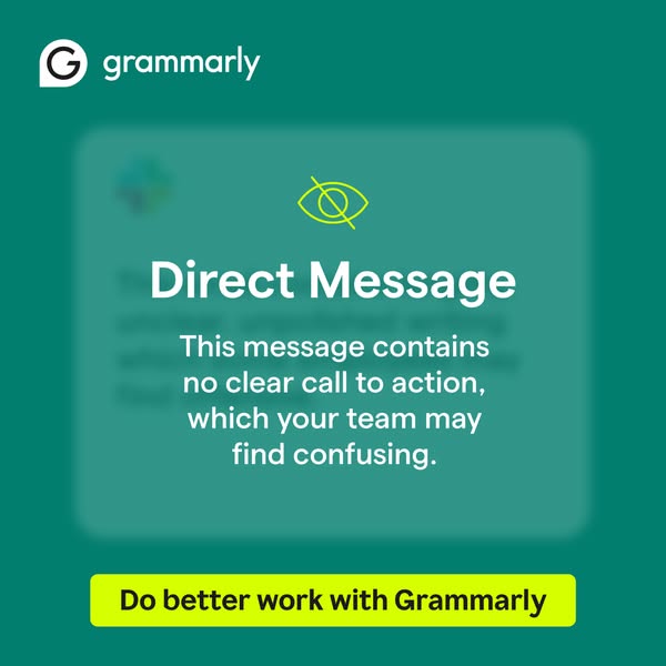 Grammarly ad showing a blurred direct message with a warning about missing call to action