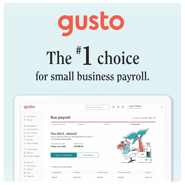 Gusto ad on light blue background showing payroll dashboard UI with the number 1 choice for small business payroll tagline